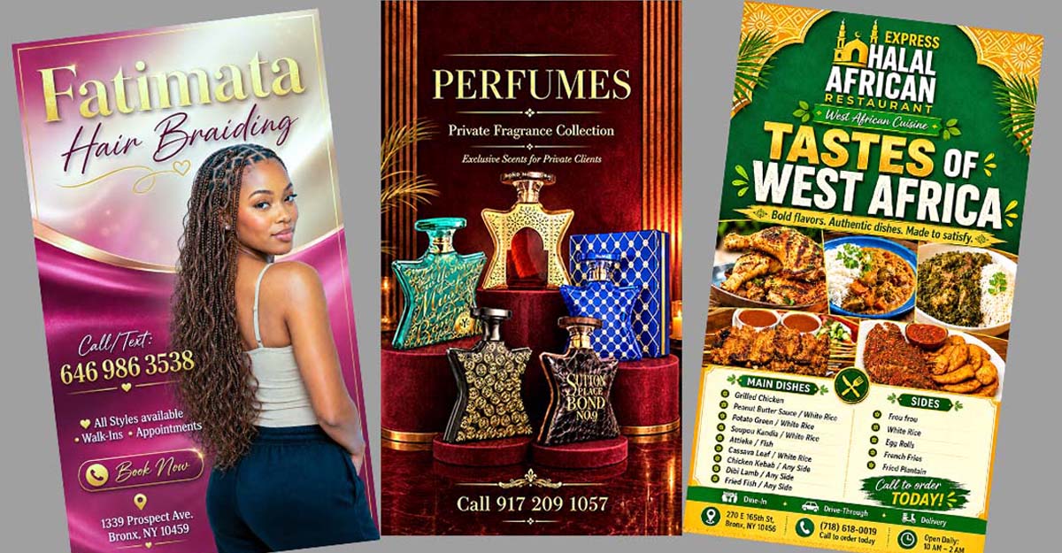 Promotional flyers, cards, and small business design samples
